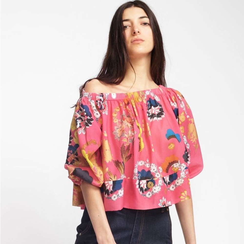 Cynthia Rowley Cotton Voile Peasant Pink Gold Floral Off The Shoulder Top